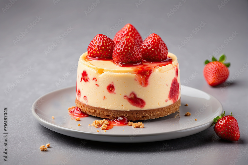 Small round strawberry cheesecake isolated on grey background - illustration Small round strawberry cheesecake isolated on grey background - illustration