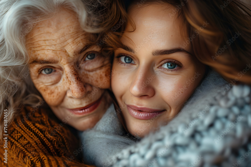Young woman with older mother cuddling together on Mother's Day Young woman with older mother cuddling together on Mother's Day