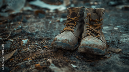 Worn hiking boots on a muddy ground.