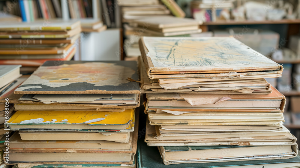 Obraz premium Stacks of old books and folders on a desk.