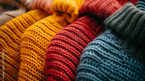 Colorful knitted sweaters in a row.