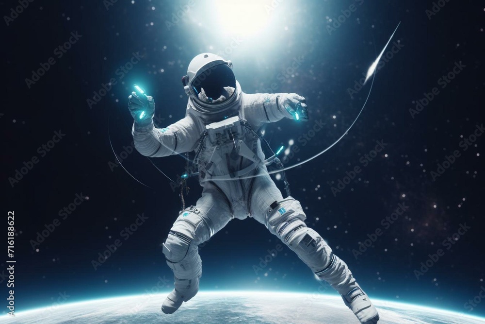 Astronaut performing martial arts on planet, with Earth in the backdrop. Space, technology, 3D illustration render. Generative AI