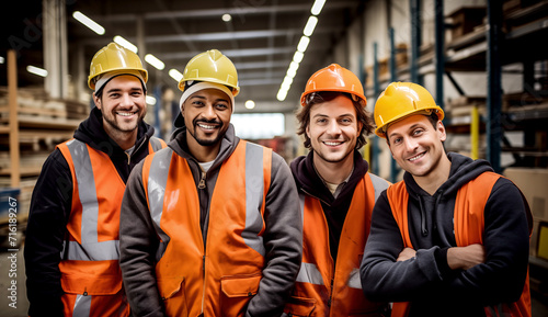 Smiling Workers in Yellow Hardhats at a Busy Construction Site