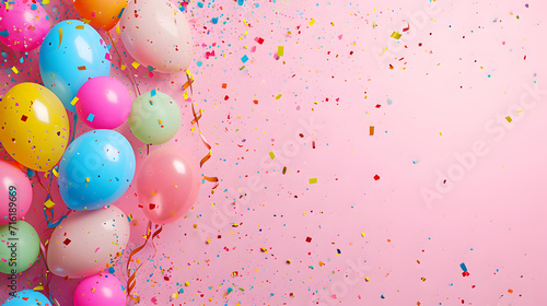 A vibrant explosion of joy and celebration, as a variety of colorful balloons and confetti adorn the party supplies
