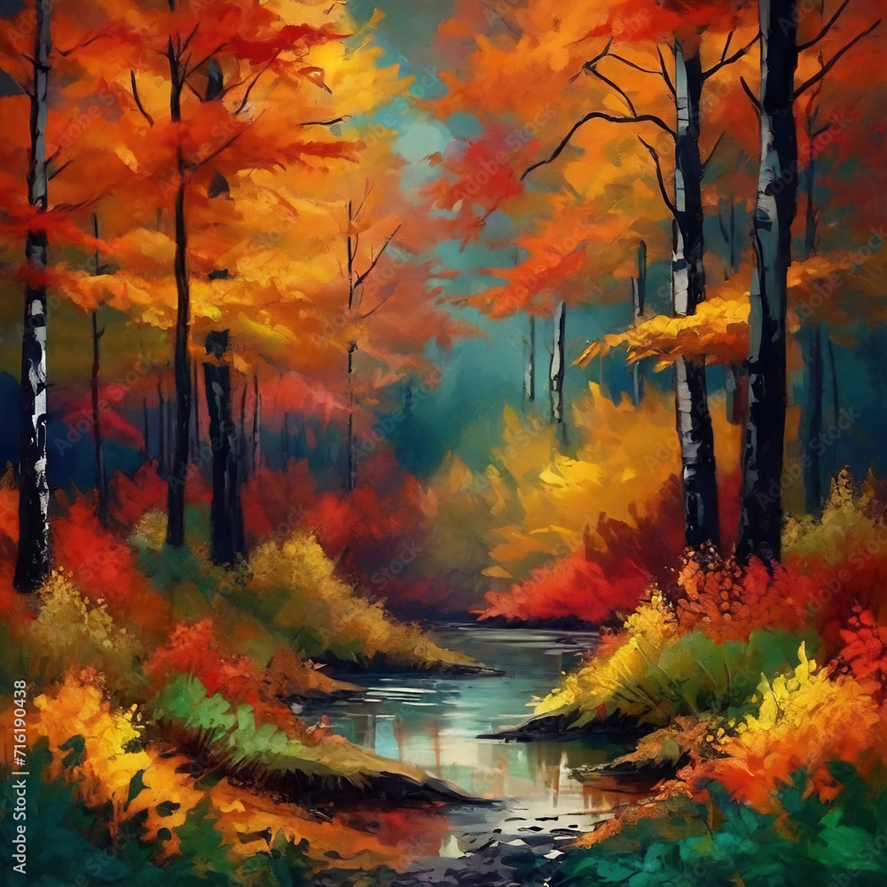 Oil painting of autumn forest by river with oak trees. Vector autumn background. Autumn seasonal banners