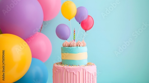 An irresistible birthday treat adorned with colorful balloons, expertly decorated with sweet buttercream and fondant details, displayed on a stunning cake stand - the perfect centerpiece for any part