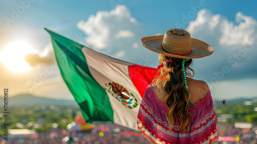 Mexican woman celebrating independence day in Mexico, holding a flag of Mexico photo