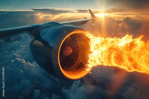 During flight, aircraft engine turbine caught fire due to a faulty part AI Generation photo