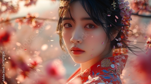 Amidst cherry blossom petals in the wind a girl model in a flowing kimono embodies the grace.