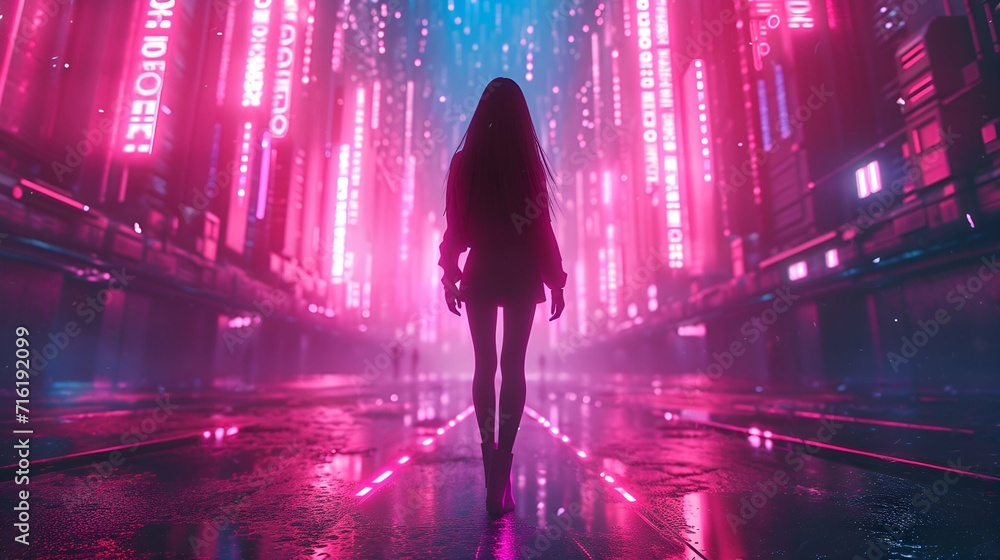 Futuristic cyberpunk city, a girl model walks through neon-lit streets.