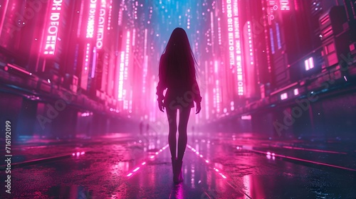 Futuristic cyberpunk city, a girl model walks through neon-lit streets.