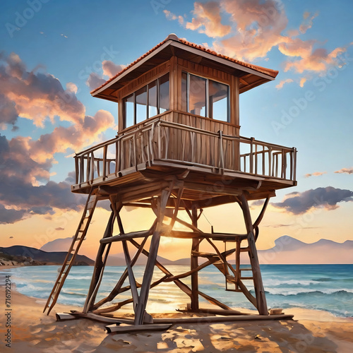 Lifeguard tower on the beach at sunset with beautifull clouds. 3D Rendering