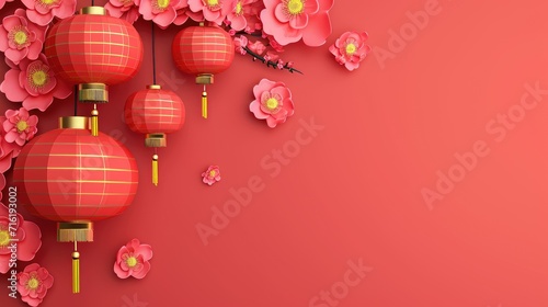 Chinese New Year background with paper lanterns and flowers.