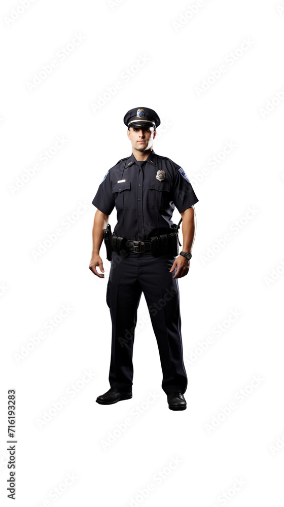 A male police officer stands smiling and looks at the camera full body on a transparent background. A male police officer stands smiling and looks at the camera full body on a transparent background.