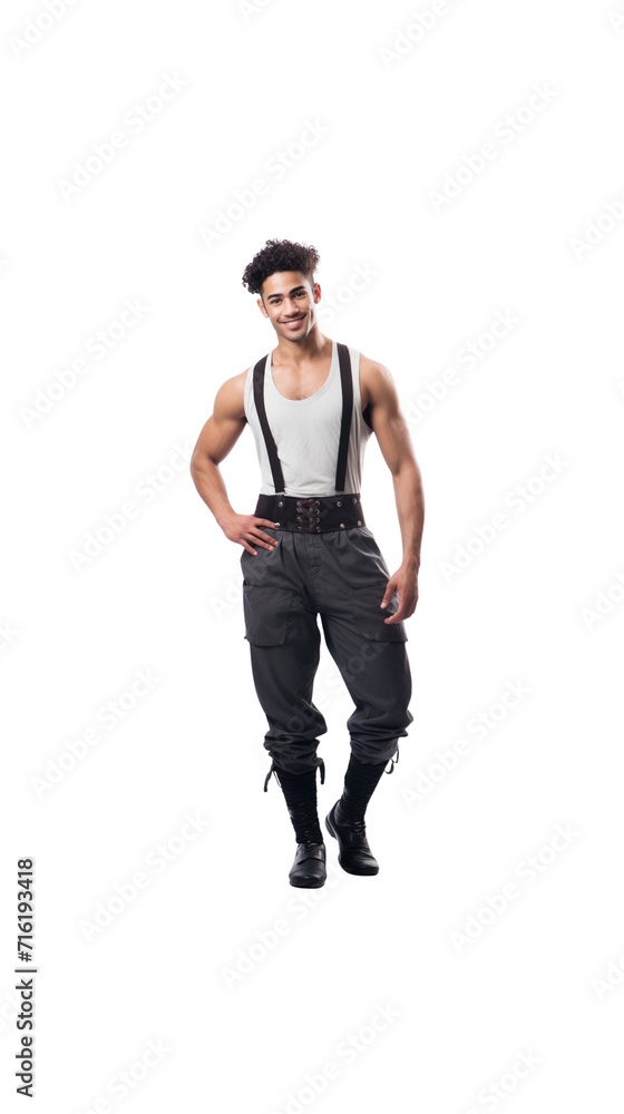 Male dancer standing smiling looking at camera Full body on transparent background
