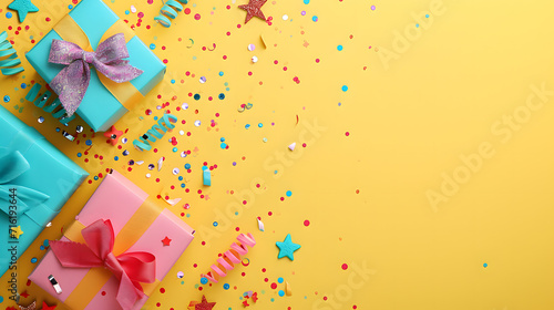 A joyous celebration awaits as colorful presents adorned with confetti and streamers gather, promising endless delight and surprises