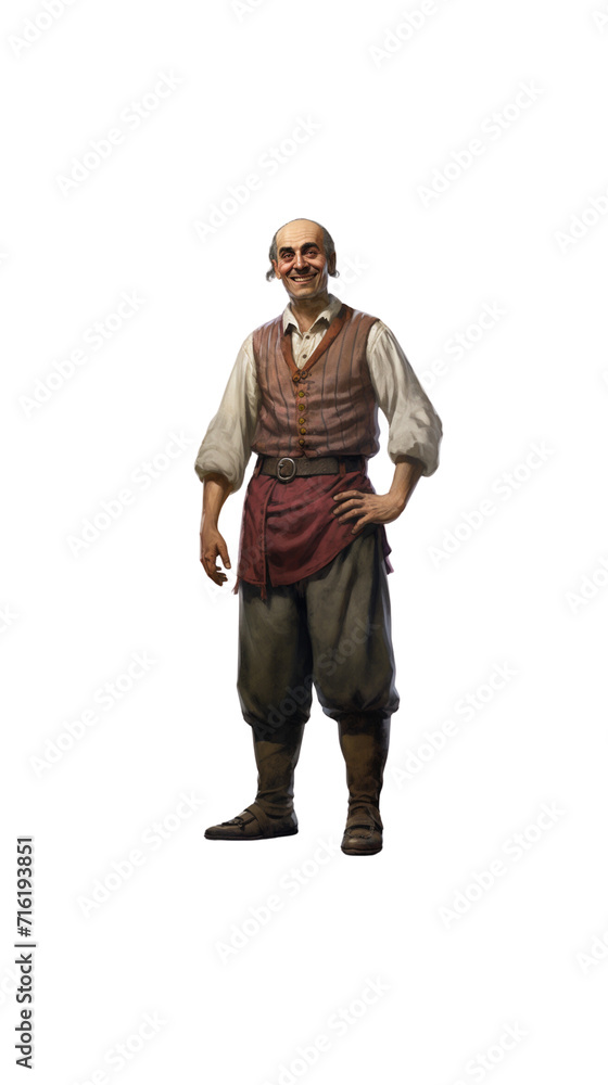 One male servant stands and smiles looking at the camera. Full body on transparent background One male servant stands and smiles looking at the camera. Full body on transparent background