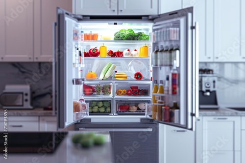 Close-up of image showcasing an opened kitchen fridge