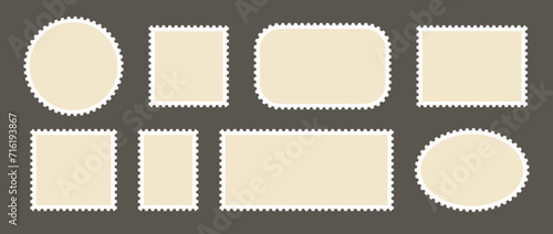Postage stamp set. Post stamp frames and borders. Beige square and rectangular template for mail, postcard, letter. Jagged wavy edge forms. Vintage objects for poster, banner, badge, sticker. Vector