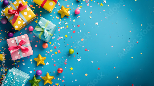 A vibrant and joyful celebration filled with colorful confetti and wrapped gifts, signaling a party supply for a fun and festive occasion photo