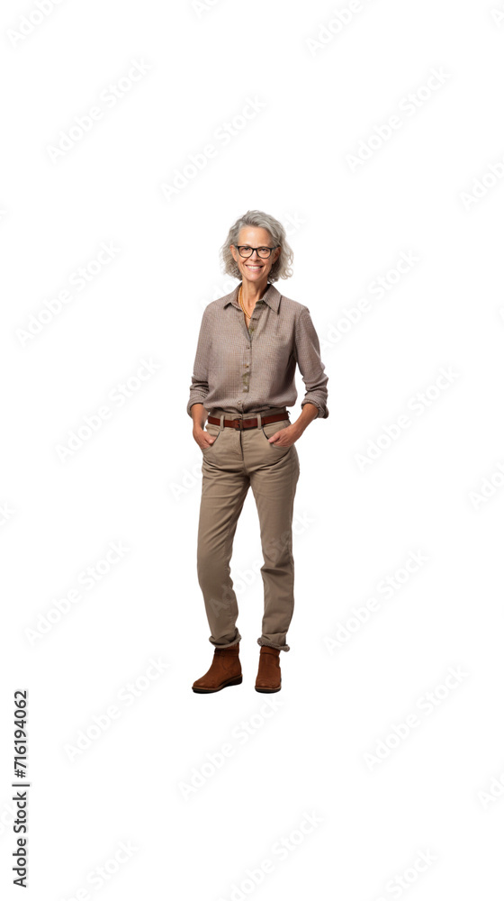 A female university professor stands smiling, looking at the camera, full body, on a transparent background. A female university professor stands smiling, looking at the camera, full body, on a transparent background.