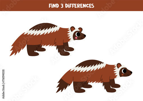 Find 3 differences between two cute cartoon wolverines.