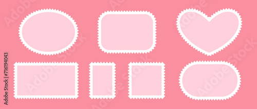 Valentines postage stamp set. Pink post stamp frames and borders. Heart, square and circle shapes for mail, postcard, letter. Vintage Jagged wavy edge forms for poster, banner, badge, sticker. Vector