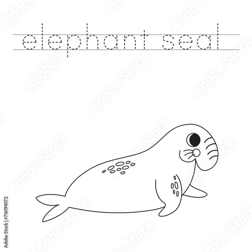 Trace the letters and color cartoon elephant seal. Handwriting practice for kids.
