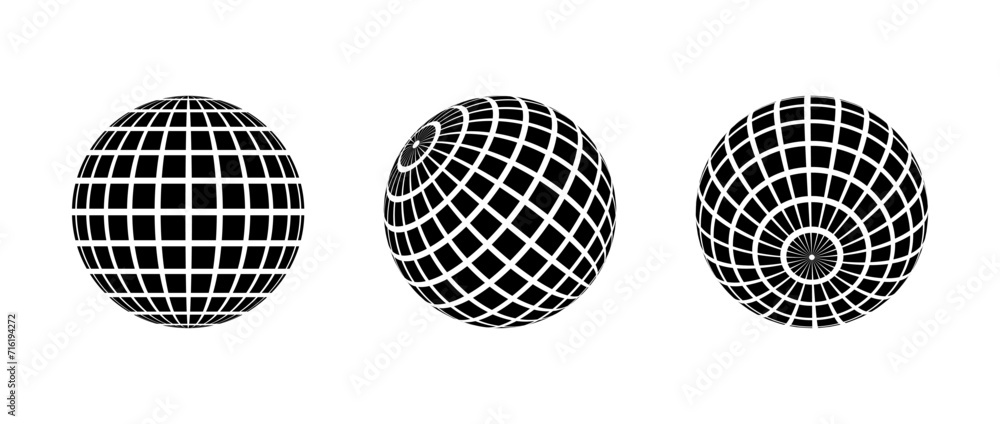 Black disco ball set. Collection of wireframe spheres in different angles. Grid globe or planet bundle. Outline mirrorball element pack for poster, banner, music cover, party. Vector illustration - obrazy, fototapety, plakaty 