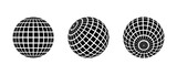 Black disco ball set. Collection of wireframe spheres in different angles. Grid globe or planet bundle. Outline mirrorball element pack for poster, banner, music cover, party. Vector illustration