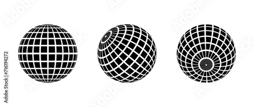 Black disco ball set. Collection of wireframe spheres in different angles. Grid globe or planet bundle. Outline mirrorball element pack for poster, banner, music cover, party. Vector illustration
