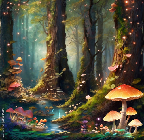 : Fantasy and fairytale magical forest pathway with mushrooms in purple and golden light lighting