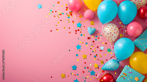 Vibrant balloons and confetti create a playful atmosphere of love and celebration  surrounded by sweet treats and bursts of color on a cheerful pink backdrop
