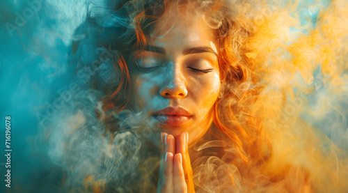 Holy prayer and spiritual worship of a woman in colorful painting smoke, celebrating Mother's Day and Women's Day