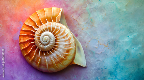 A magnificent spiral shell of a sea snail, adorned with vibrant hues, rests gracefully upon a textured surface, evoking thoughts of ancient molluscs and the wonders of the deep ocean