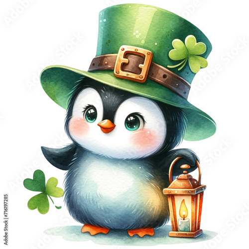 cute watercolor penguin St.Patrick s Day