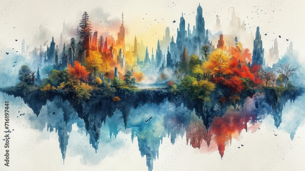 Surreal landscapes are brought to life in a watercolor masterpiece. - obrazy, fototapety, plakaty 