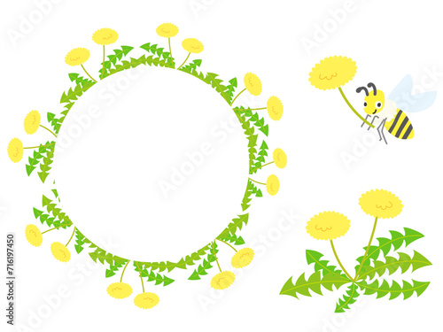 タンポポの花の円形フレームとミツバチ
