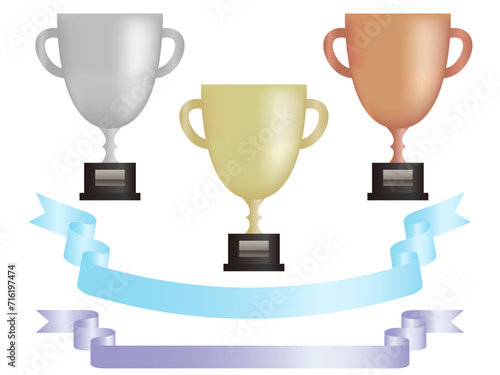 金、銀、銅の1位から3位までのトロフィーとリボンセット