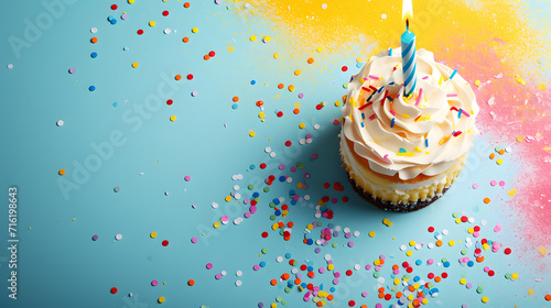 A vibrant and festive birthday treat, a cupcake adorned with colorful icing, buttercream swirls, and a glowing candle, evoking feelings of joy, nostalgia, and indulgence