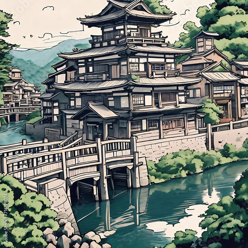 Sketch design of japan buildings in hand drawn style-near river and bridge in 1500's in Japan