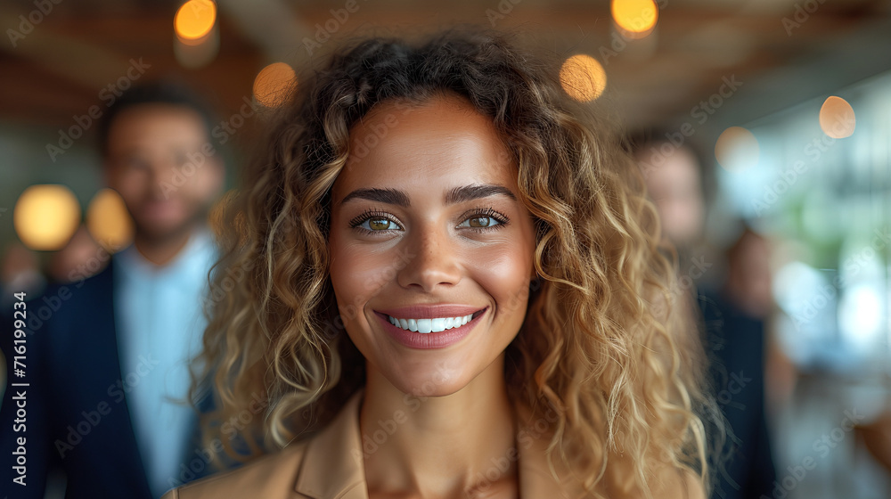 Close-up view of a smiling and confident African American female business executive - CEO - Professor - Office worker - blurred background - strong black female 