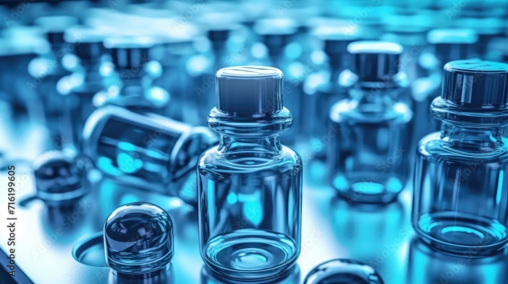 Bottles of blue liquid, test tubes with chemicals, and a container of water. Generative AI. Bottles of blue liquid, test tubes with chemicals, and a container of water. Generative AI.