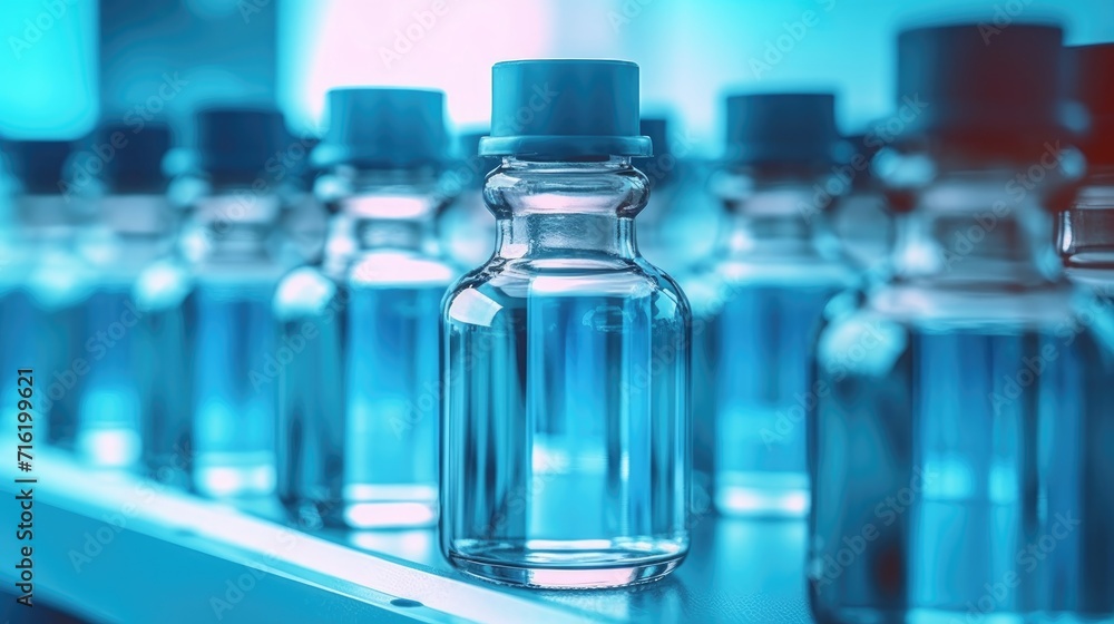 Bottles of blue liquid, test tubes with chemicals, and a container of water. Generative AI. Bottles of blue liquid, test tubes with chemicals, and a container of water. Generative AI.