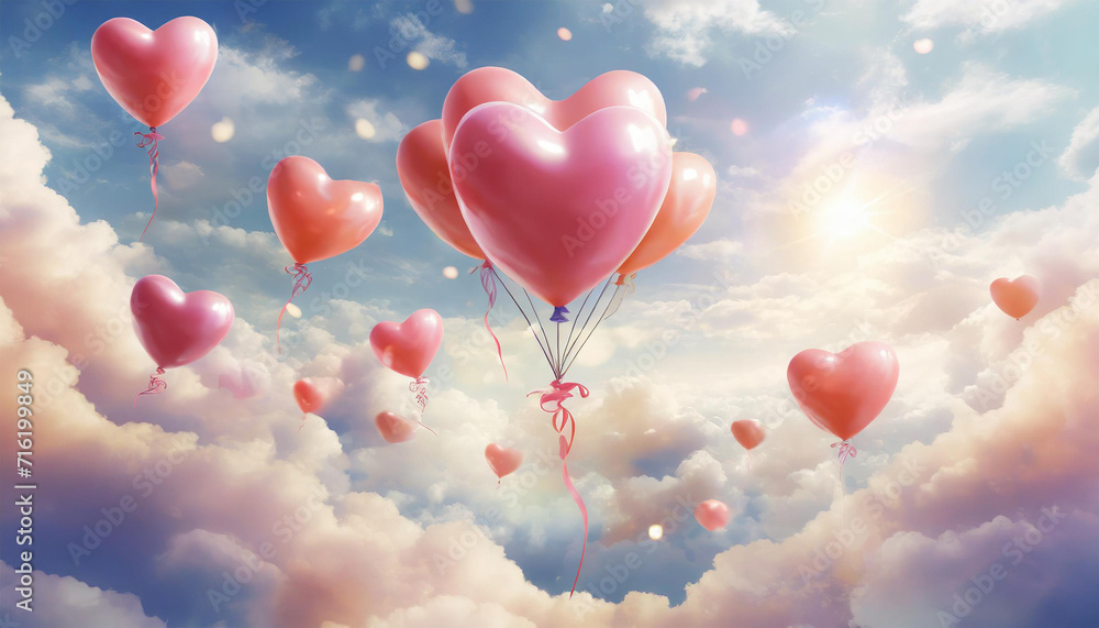 Hearts balloons flying in the sky and clouds,valentines day concept