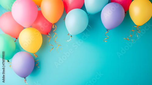 Vibrant party supplies take flight as a colorful array of balloons dance across a serene blue backdrop