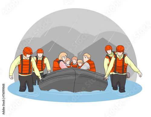 Rescued Flood Survivors Sitting in Inflatable Boat Flat Cartoon Vector Illustration. People Saved from Flooded Buildings. Natural Disaster. Water Covering Land and Houses. Family in Life Vest.