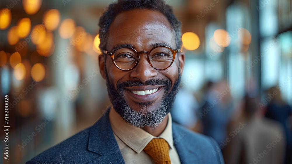 Close-up view of a smiling and confident African American male business executive - CEO - Professor - Office worker - blurred background - motivated black professional Close-up view of a smiling and confident African American male business executive - CEO - Professor - Office worker - blurred background - motivated black professional