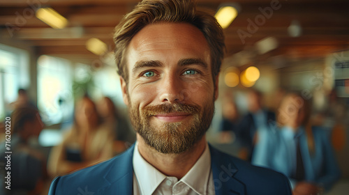 Close-up view of a smiling and confident white male business executive - CEO - Professor - Office worker - blurred background - motivated professional
