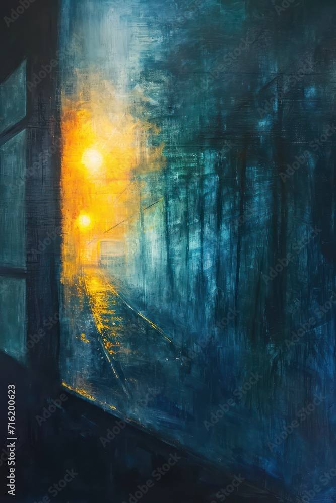 illustrations depicting loneliness, longing, nostalgia. saw the light shining through the thick fog